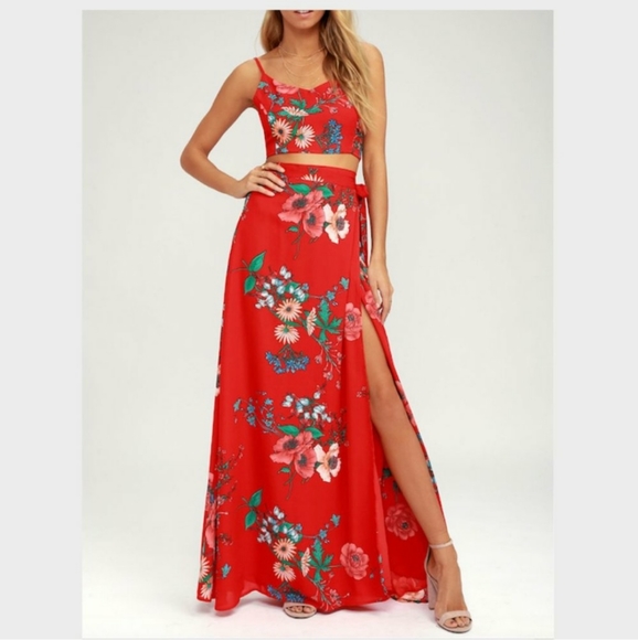 Lulus Dresses & Skirts - Lulus Floral Red Maxi Skirt Bloom with a View XS